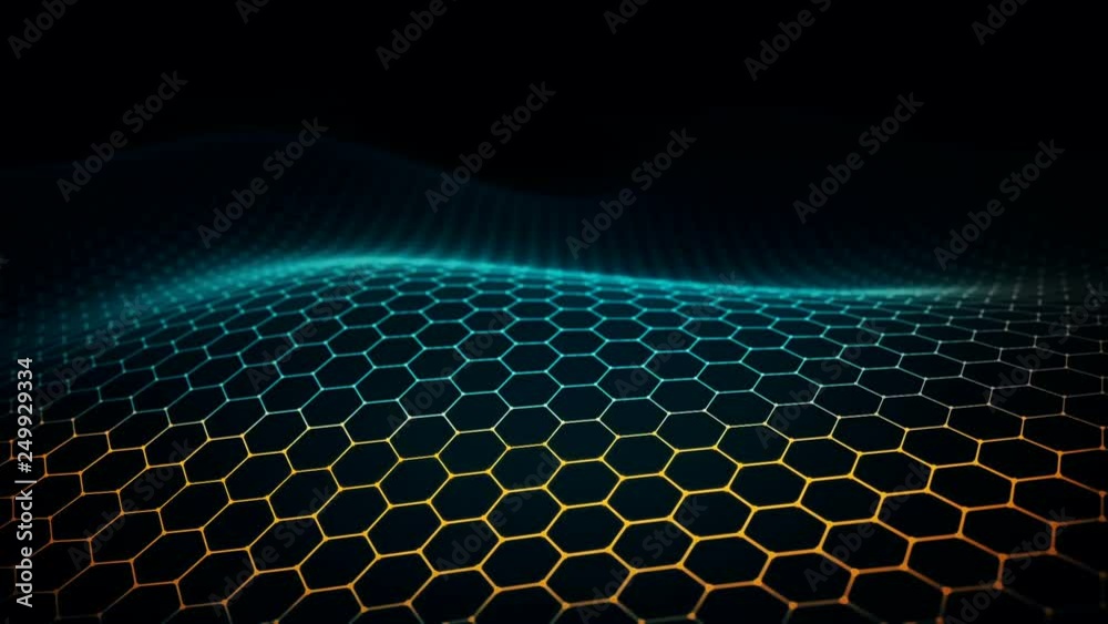 Abstract background with animation of waving surface from blinking hexagons. Technologic electricity backdrop. Seamless loop.
