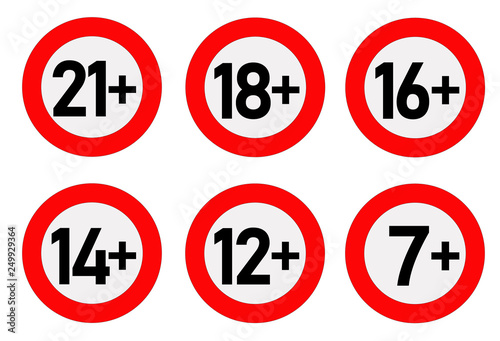 Set of age limit signs. Vector signal, only older than 7, 12, 14, 16, 18, 21 years old. Prohibited under X years, forbidden or restriction concept.