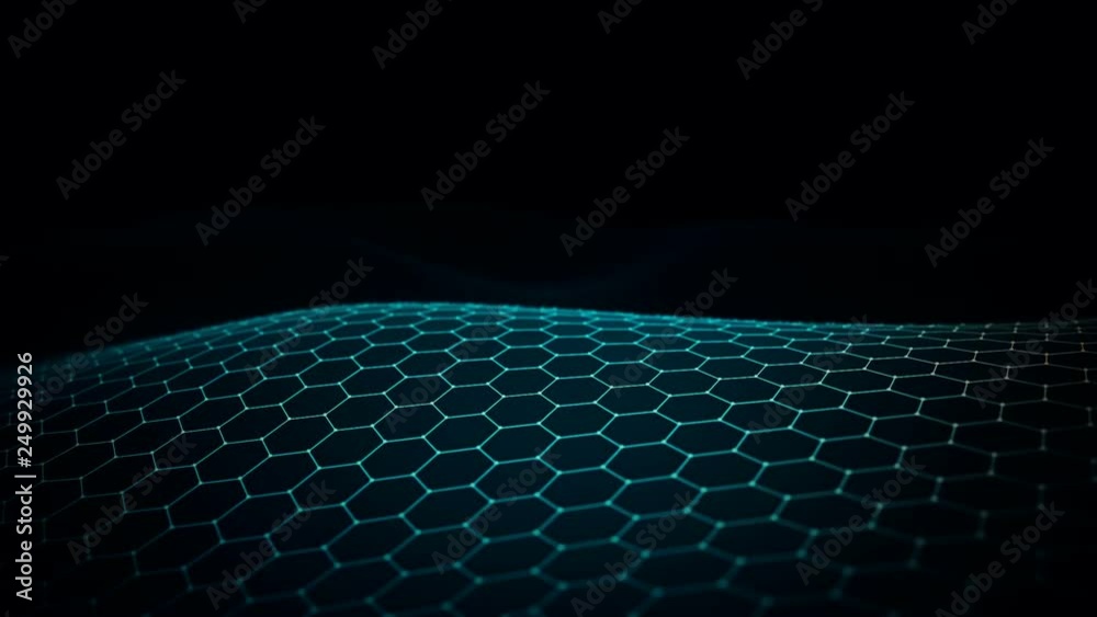 Abstract background with animation of waving surface from blinking hexagons. Technologic electricity backdrop. Seamless loop.