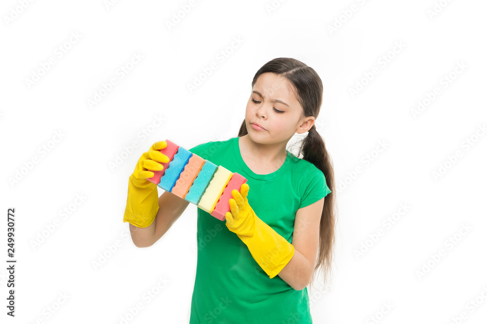Time to grab a new one. Adorable kitchen maid. Small housekeeper holding dish sponges in rubber gloves. Little housemaid ready for household help. Household duties. Cleaning and washing up Time to grab a new one. Adorable kitchen maid. Small housekeeper holding dish sponges in rubber gloves. Little housemaid ready for household help. Household duties. Cleaning and washing up