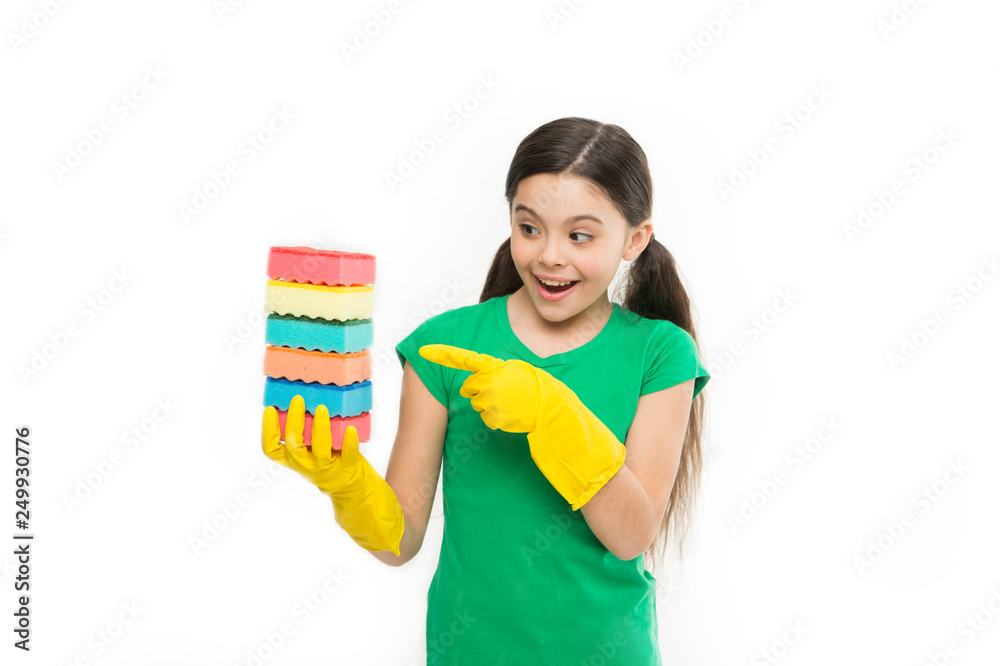 The soft scrub cleaning solution. Cleaning and washing up. Small housekeeper holding dish sponges in rubber gloves. Little housemaid ready for household help. Adorable kitchen maid. Household duties The soft scrub cleaning solution. Cleaning and washing up. Small housekeeper holding dish sponges in rubber gloves. Little housemaid ready for household help. Adorable kitchen maid. Household duties