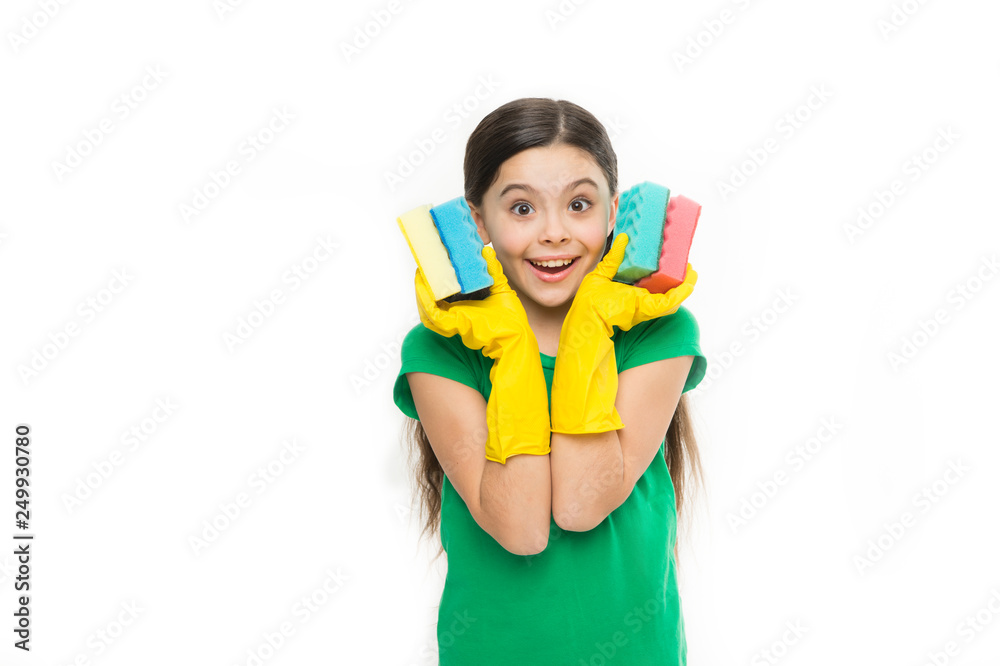 Soft and colorful. Small housekeeper holding dish sponges in rubber gloves. Adorable kitchen maid. Little housemaid ready for household help. Household duties. Cleaning and washing up Soft and colorful. Small housekeeper holding dish sponges in rubber gloves. Adorable kitchen maid. Little housemaid ready for household help. Household duties. Cleaning and washing up