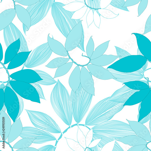 Seamless floral pattern with hand-drawn abstract tropical leaves.