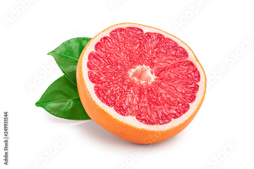 Grapefruit half with leaves isolated on white background
