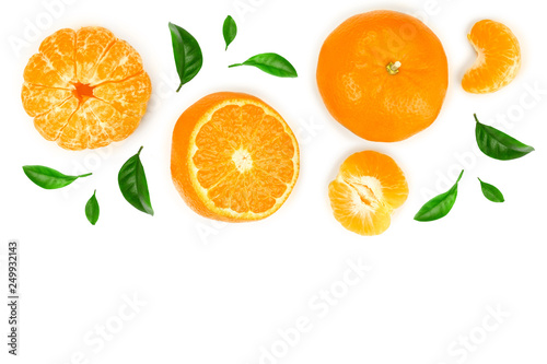 tangerine or mandarin with leaves isolated on white background with copy space for your text. Top view. Flat lay