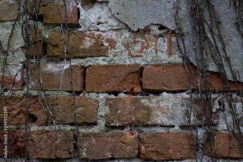 background, old brick wall with a piece of plaster