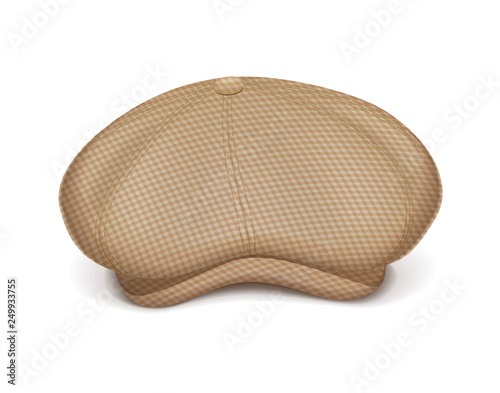 Flat Peaked cap. Classic head male hat. Stylish tweed headgear. Mens wear. View. Isolated white background. Eps10 vector illustration.