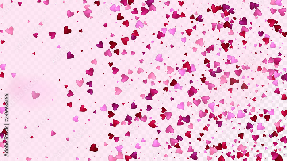 Red, Pink Hearts Vector Confetti. Valentines Day Tender Pattern. Luxury Gift, Birthday Card, Poster Background Valentines Day Decoration with Falling Down Hearts Confetti. Beautiful Pink Glitter