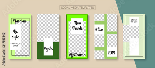 Editable Stories Minimal Vector Layout. Social Media Like and Share, Trends, Sale -50 Photo Frames Kit. Sale Insta Stories Layout