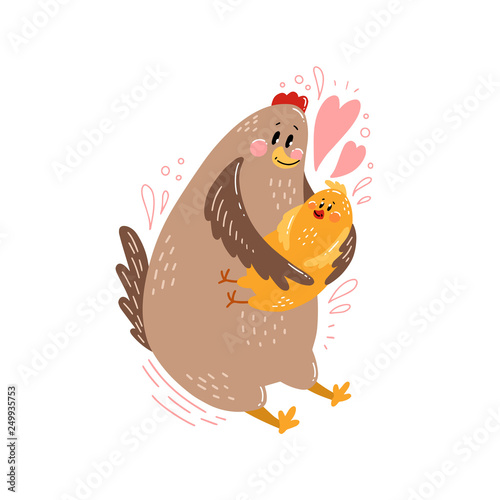 Cute postcard happy family with a picture of a chicken