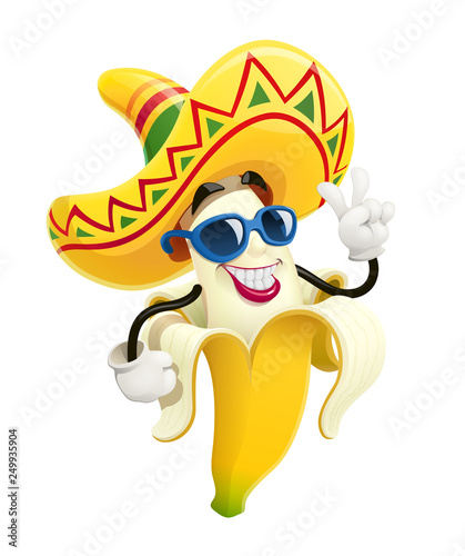 Ripe banana. Tropical purified fruit. Smiling Cartoon character show victory gesture. Isolated white background. Eps10 vector illustration.