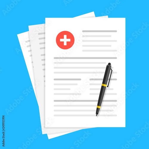Medical report, medical document, health insurance concepts. Flat design. Vector illustration