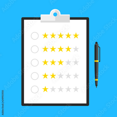Customer review, survey, feedback, customer satisfaction concepts. Rating. Clipboard with rating stars and pen. Flat design. Vector illustration
