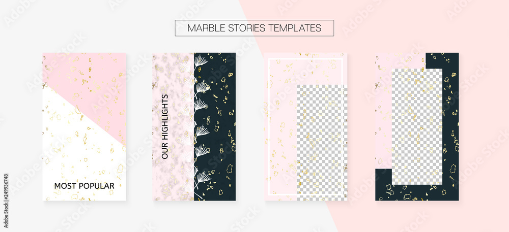 Naklejka premium Stories Template Cool SMM Vector Layout. Social Media Blogger Cards Set. Textured Apps Design Pack. Minimal App Kit, Pink White Gold Rich VIP Geometric Marble Patterns. Stories Template VIP Layout.