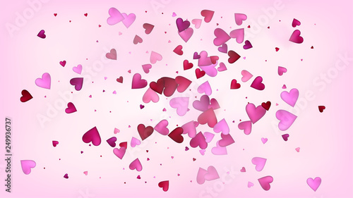 Red, Pink Hearts Vector Confetti. Valentines Day Romantic Pattern. Modern Gift, Birthday Card, Poster Background Valentines Day Decoration with Falling Down Hearts Confetti. Beautiful Pink Scatter