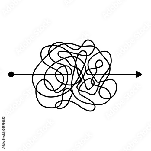 Insane messy black line, complicated clew way. Tangled scribble path. Chaotic difficult proces. template. Vector illustration