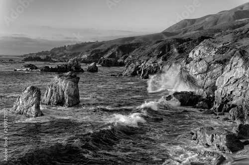 Sea Waves Crash at Garrapata State Park in Black and White
