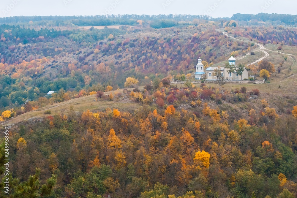old orthodox church on a top of a hill, ancient cemetery on a cold, cloudy autumn day, yellow and red trees, pastoral landscpae background