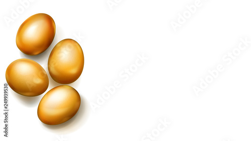 Realistic golden Easter eggs with shadows on white background