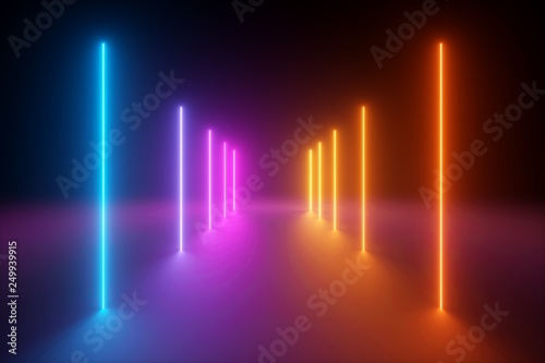 3d render, yellow pink blue neon light, abstract ultraviolet background, vertical glowing lines, psychedelic vibrant colors, show stage, tunnel, corridor, night club interior