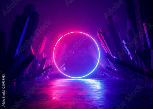 3d render, abstract background, cosmic landscape, round portal, pink blue neon light, virtual reality, energy source, glowing round frame, dark space, ultraviolet spectrum, laser ring, rocks, ground