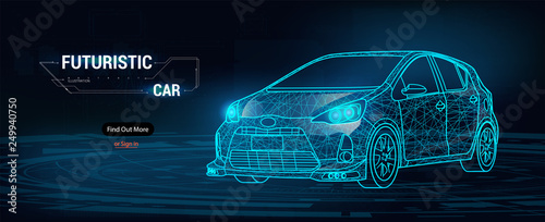 Abstract image of a sport car in the form of a starry sky or space, consisting of points, lines, and shapes in the form of planets, stars and the universe. Cars vector wireframe concept.