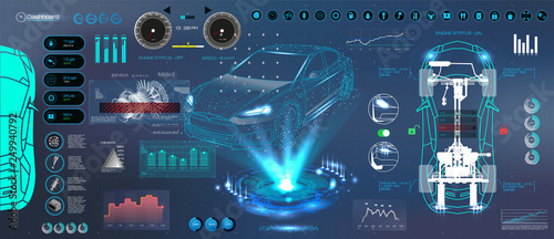 Car auto service. HUD UI style. Modern UI diagnostics of cars( infographic, auto scanning, analysis and diagnostics). Futuristic scanning, repair, dashboard, infographics. HUD UI
