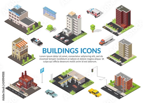 Isometric set of city cityscape vector low poly elements