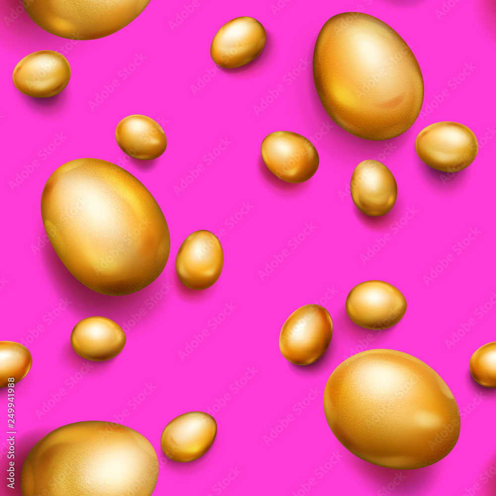 Seamless pattern of realistic golden Easter eggs with shadows on pink background Seamless pattern of realistic golden Easter eggs with shadows on pink background