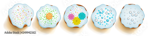 Set of realistic Easter cakes with shadows on white background. Top view