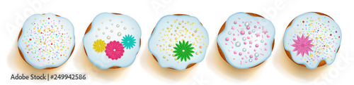 Set of realistic Easter cakes with shadows on white background. Top view