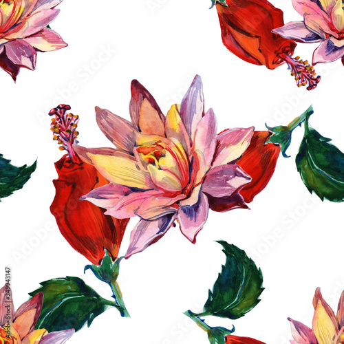 Seamless pattern with beautiful watercolor flowers. Tropical flowers. Flower background