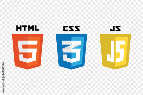 vector collection of web development shield signs: html5, css3 and javascript. photo