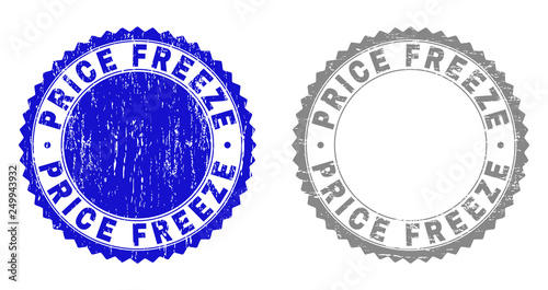 Grunge PRICE FREEZE stamp seals isolated on a white background. Rosette seals with grunge texture in blue and grey colors. Vector rubber stamp imprint of PRICE FREEZE caption inside round rosette.