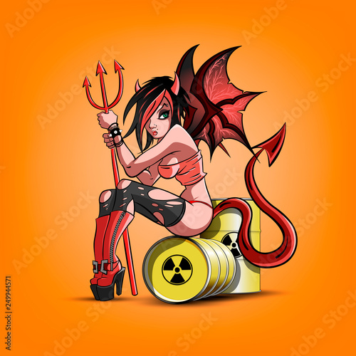 Sexy devil girl sitting on barrels of radiation