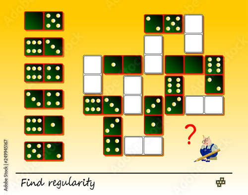 Logic puzzle game for children and adults. Need to find regularity and draw all resting dominoes in correct places. Printable page for brainteaser book. Developing spatial thinking. Vector image.