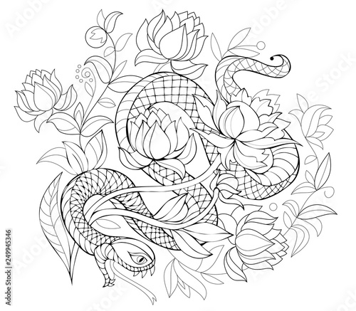 Stylized snake in jungle. Black and white page for coloring book. Pattern for modern print, embroidery, Henna, Mehndi, tattoo and decoration. Hand-drawn vector image on computer by graphic tablet.