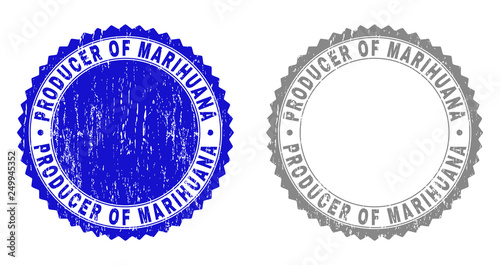 Grunge PRODUCER OF MARIHUANA stamp seals isolated on a white background. Rosette seals with grunge texture in blue and grey colors.