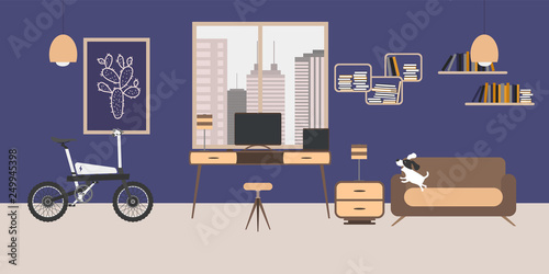 Modern interior design of Freelance WorkRoom with furniture, different constructor elements, desk, chair, couch, chair, lamp, painting, window, electric bike, dasktop, dog. Vector illustration.