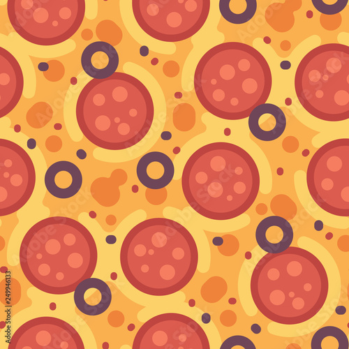 Hot pizza with salami and cheese seamless pattern