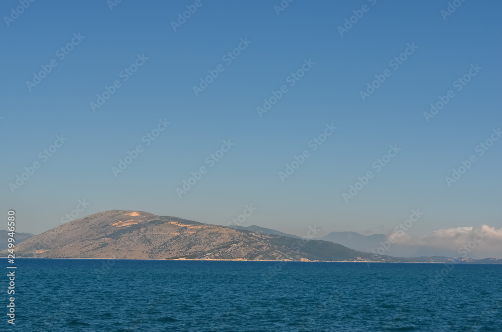 Scenic view of Ionian  sea against clear blue sky from ferry  . Greece coastline . Summer  vacation