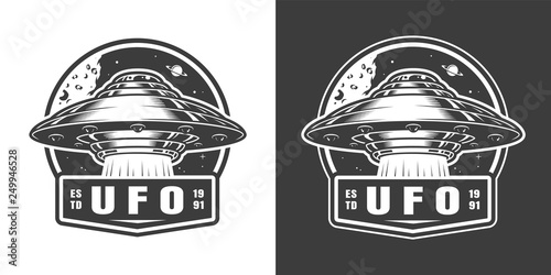 Vintage monochrome alien spaceship space emblem