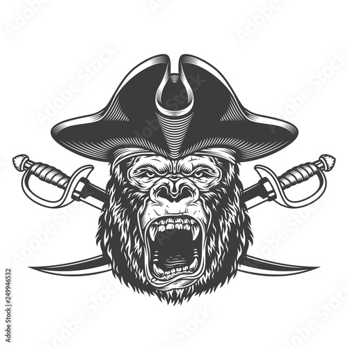 Angry gorilla head in pirate hat