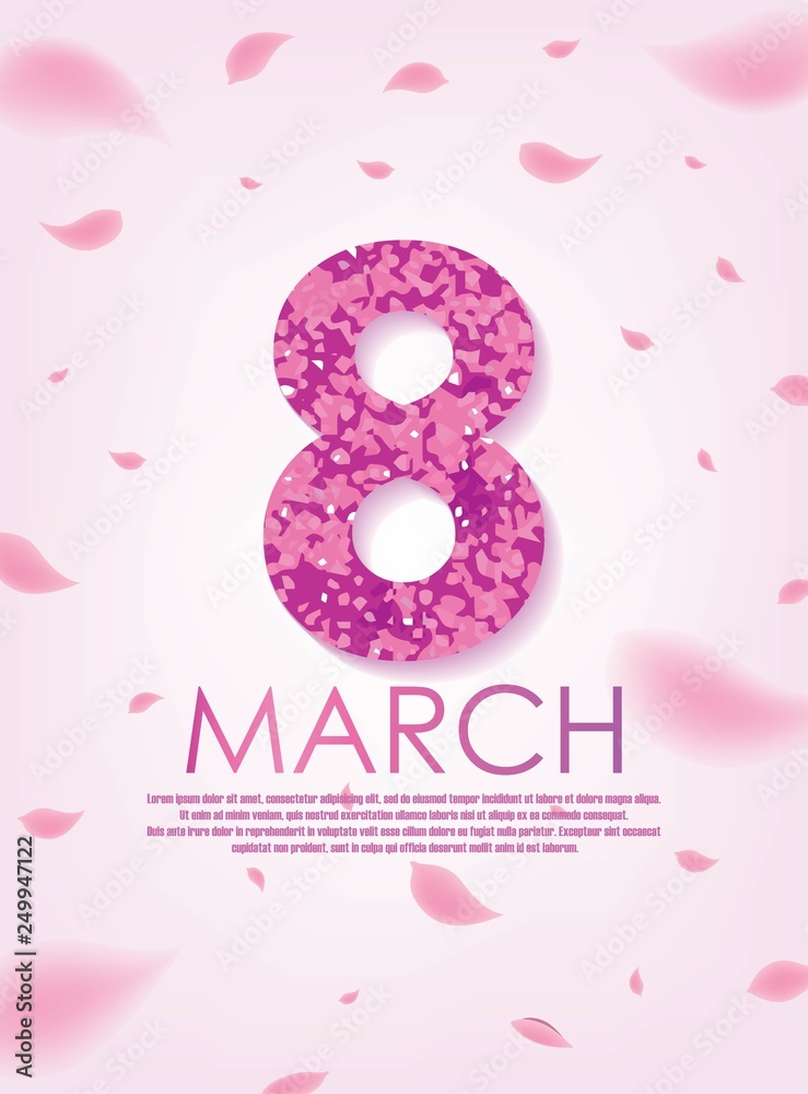 Pink 8 March with Scattered Flower Petals. International Women's Day Vector Design. Pink 8 March with Scattered Flower Petals. International Women's Day Vector Design.