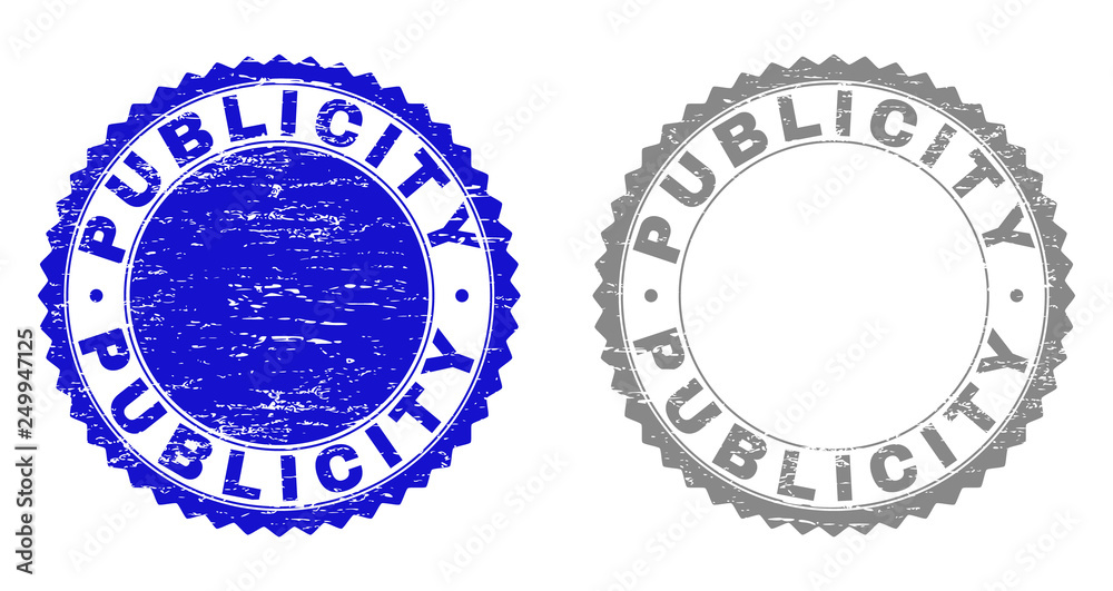 Grunge PUBLICITY stamp seals isolated on a white background. Rosette seals with grunge texture in blue and gray colors. Vector rubber stamp imitation of PUBLICITY tag inside round rosette.