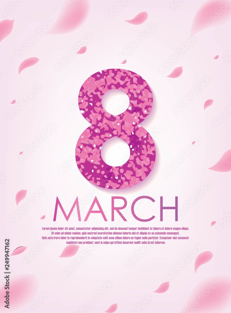 Pink 8 March with Scattered Flower Petals. International Women's Day Vector Design. Pink 8 March with Scattered Flower Petals. International Women's Day Vector Design.