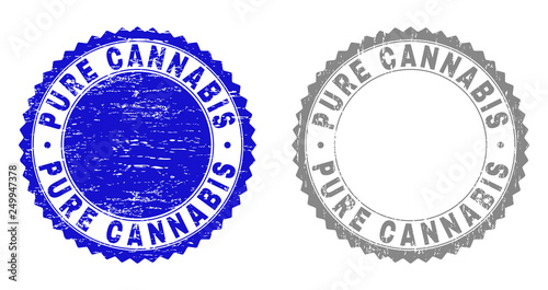 Grunge PURE CANNABIS stamp seals isolated on a white background. Rosette seals with grunge texture in blue and gray colors. Vector rubber overlay of PURE CANNABIS caption inside round rosette.