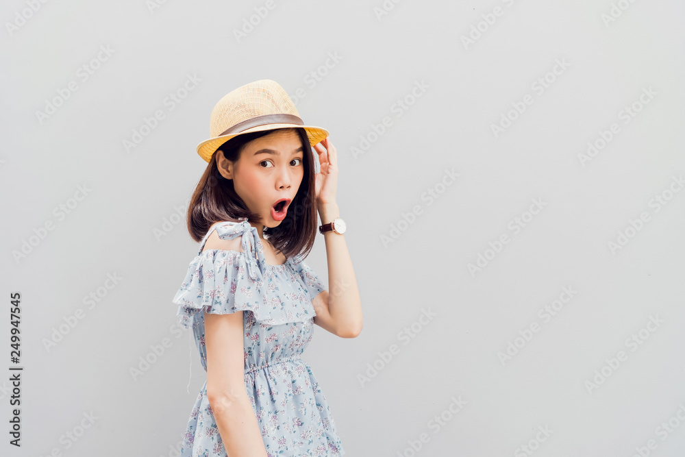 Young girl happy smile and cheerful in blue dress. Concept summer travel. Young girl happy smile and cheerful in blue dress. Concept summer travel.