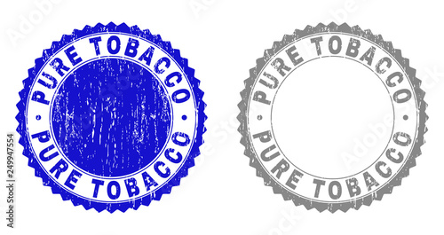 Grunge PURE TOBACCO stamp seals isolated on a white background. Rosette seals with grunge texture in blue and grey colors. Vector rubber overlay of PURE TOBACCO title inside round rosette.