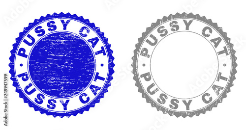 Grunge PUSSY CAT stamp seals isolated on a white background. Rosette seals with grunge texture in blue and gray colors. Vector rubber stamp imitation of PUSSY CAT caption inside round rosette.